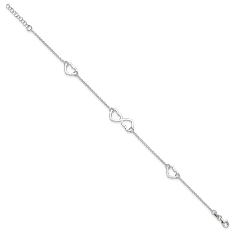 Sterling Silver Hearts 9 inch Plus 1 inch Extender - Total 10 inch Anklet