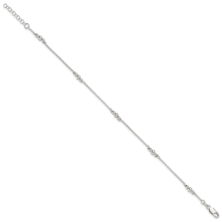 Sterling Silver Beaded 5-Station 9 inch Plus 1 inch Extender - Total 10 inch Anklet