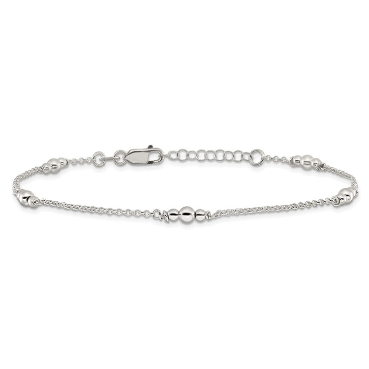 Sterling Silver Beaded 5-Station 9 inch Plus 1 inch Extender - Total 10 inch Anklet