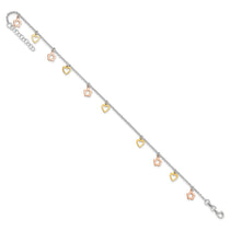 Sterling Silver Gold-tone Hearts and Rose-tone Flowers 9 inch Plus 1 inch Extender - Total 10 inch Anklet