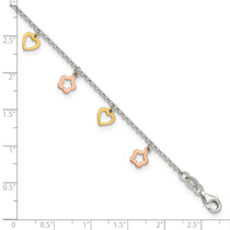 Sterling Silver Gold-tone Hearts and Rose-tone Flowers 9 inch Plus 1 inch Extender - Total 10 inch Anklet