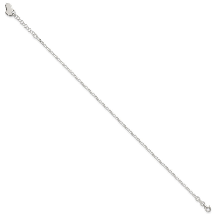 Sterling Silver Figaro with Heart Dangle 9 inch Plus 1 inch Extender - Total 10 inch Anklet