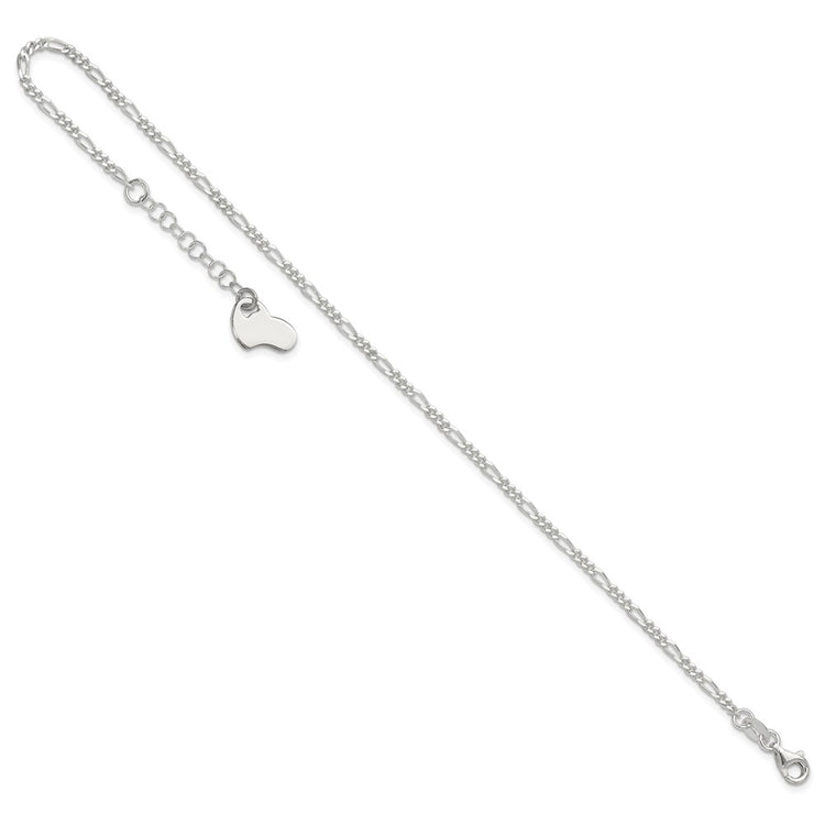 Sterling Silver Figaro with Heart Dangle 9 inch Plus 1 inch Extender - Total 10 inch Anklet