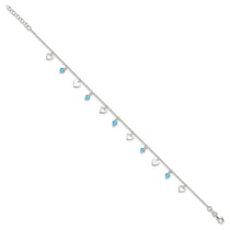 Sterling Silver Blue Glass Beads and Hearts 9 inch Plus 1 inch Extender - Total 10 inch Anklet