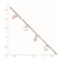 Sterling Silver Pink Glass Beads and Hearts 9 inch Plus 1 inch Extender - Total 10 inch Anklet