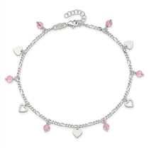 Sterling Silver Pink Glass Beads and Hearts 9 inch Plus 1 inch Extender - Total 10 inch Anklet