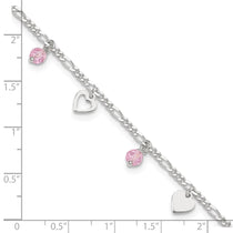 Sterling Silver Pink Glass Beads and Hearts 9 inch Plus 1 inch Extender - Total 10 inch Anklet