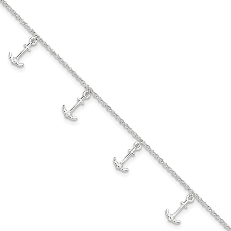 Sterling Silver Anchor Charms 9 inch Plus 1 inch Extender - Total 10 inch Anklet