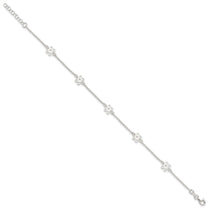 Sterling Silver Cable Chain/Flowers 5-Station 9 inch Plus 1 inch Extender - Total 10 inch Anklet