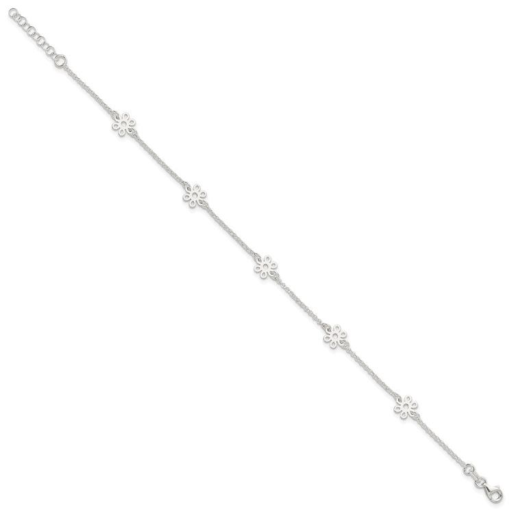 Sterling Silver Cable Chain/Flowers 5-Station 9 inch Plus 1 inch Extender - Total 10 inch Anklet