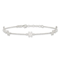 Sterling Silver Cable Chain/Flowers 5-Station 9 inch Plus 1 inch Extender - Total 10 inch Anklet
