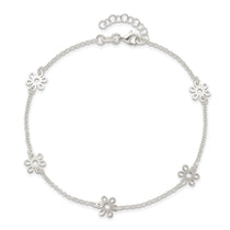 Sterling Silver Cable Chain/Flowers 5-Station 9 inch Plus 1 inch Extender - Total 10 inch Anklet