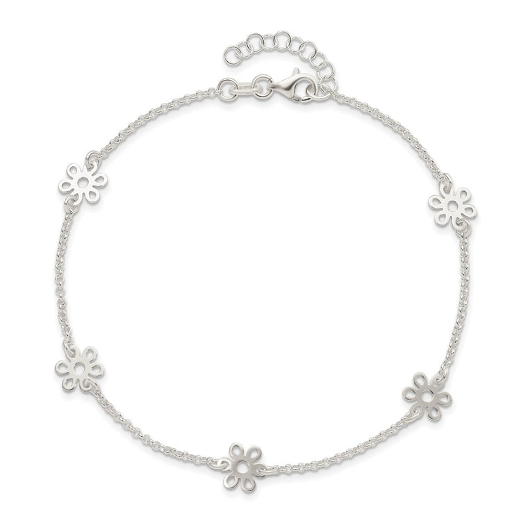 Sterling Silver Cable Chain/Flowers 5-Station 9 inch Plus 1 inch Extender - Total 10 inch Anklet