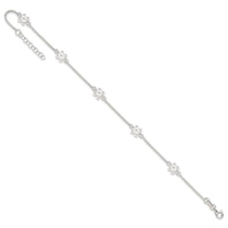 Sterling Silver Cable Chain/Flowers 5-Station 9 inch Plus 1 inch Extender - Total 10 inch Anklet