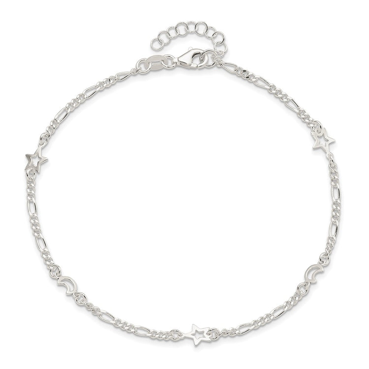 Sterling Silver Moon and Star 9 inch Plus 1 inch Extender - Total 10 inch Anklet