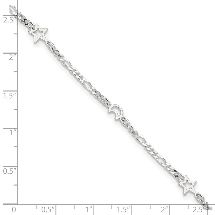 Sterling Silver Moon and Star 9 inch Plus 1 inch Extender - Total 10 inch Anklet