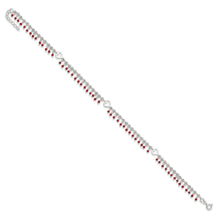 Sterling Silver Red Beads and Heart 10 inch Plus 1 inch Extender - Total 11 inch Anklet