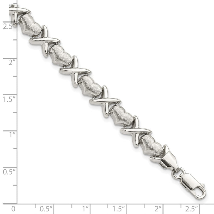 Sterling Silver Polished and Satin X and Hearts Bracelet
