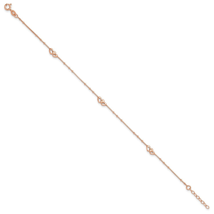 Sterling Silver Rose-tone Interlocked Hearts 9 inch Plus 1 inch Extender - Total 10 inch Anklet