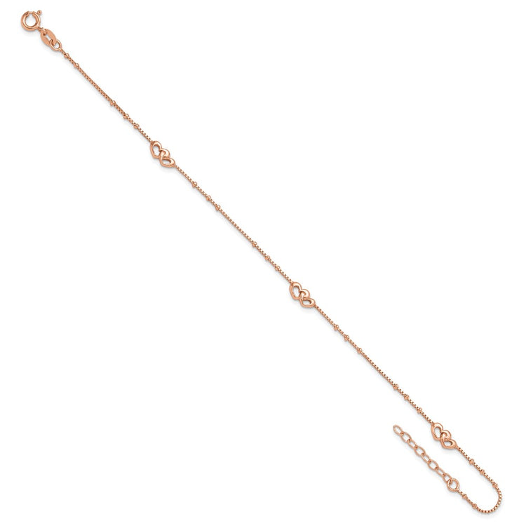 Sterling Silver Rose-tone Interlocked Hearts 9 inch Plus 1 inch Extender - Total 10 inch Anklet
