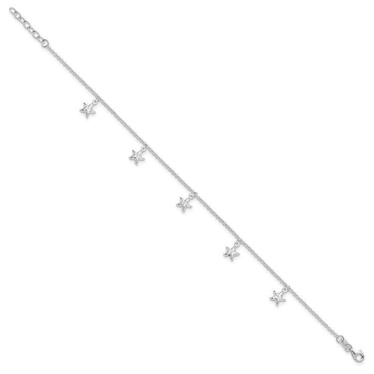 Sterling Silver Starfish Dangles 9 inch Plus 1 inch Extender - Total 10 inch Anklet