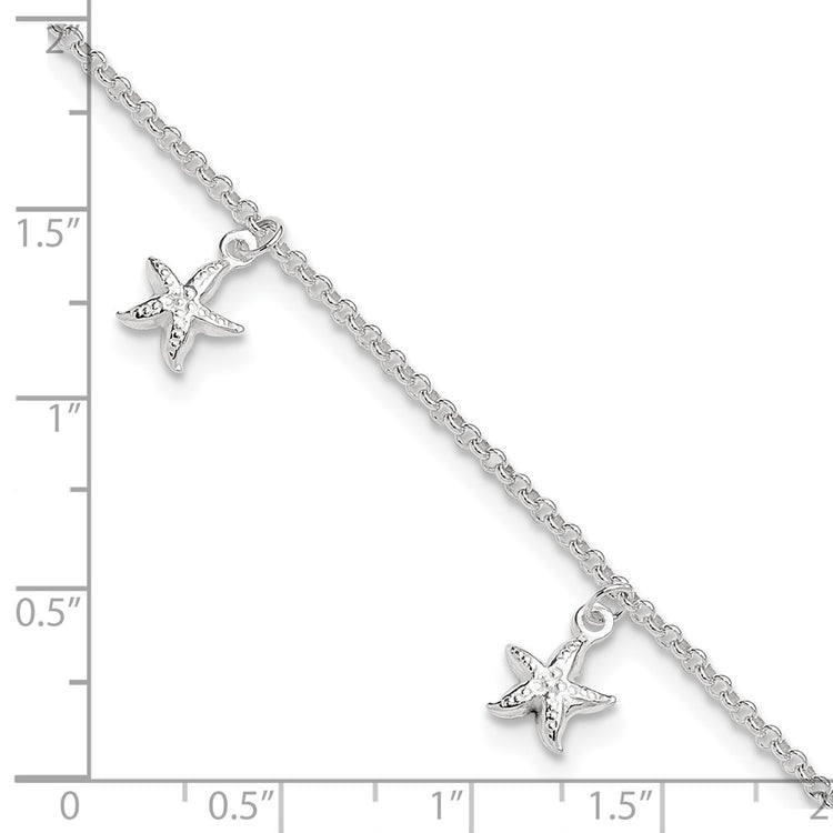 Sterling Silver Starfish Dangles 9 inch Plus 1 inch Extender - Total 10 inch Anklet