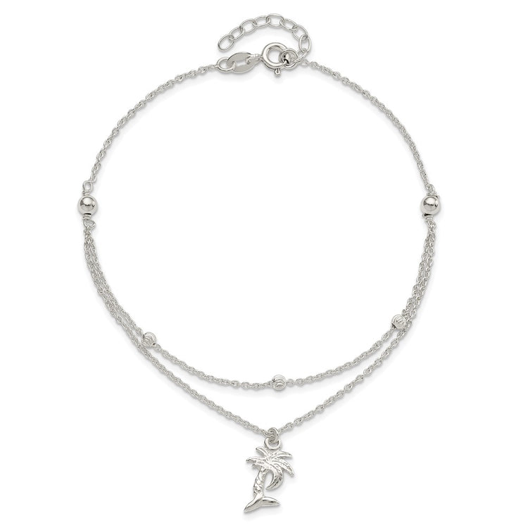 Sterling Silver Palm Tree 2-Strand 9 inch Plus 1 inch Extender - Total 10 inch Anklet