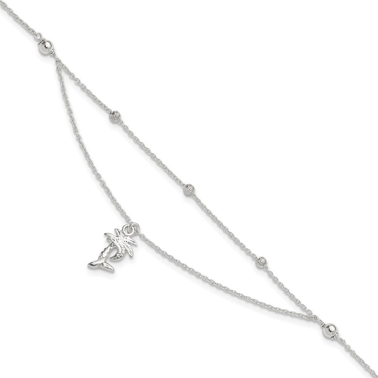Sterling Silver Palm Tree 2-Strand 9 inch Plus 1 inch Extender - Total 10 inch Anklet
