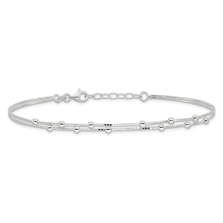 Sterling Silver Beaded 2-strand 9 inch Plus 1 inch Extender - Total 10 inch Anklet