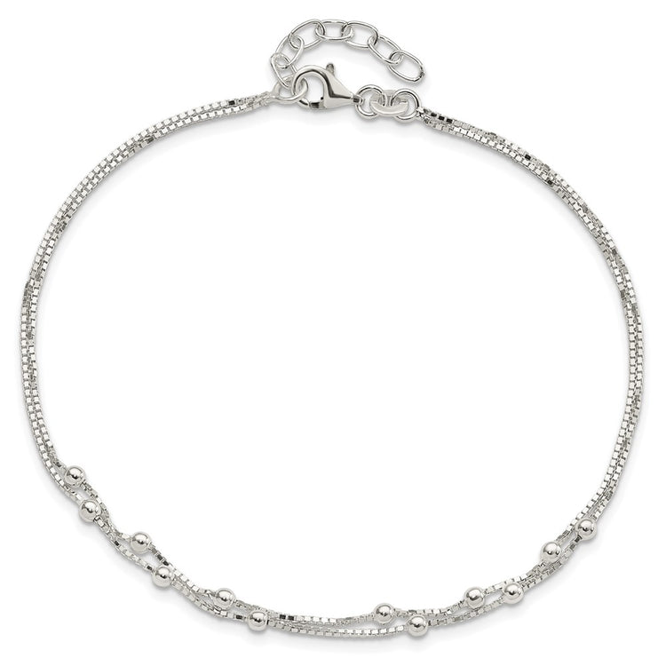 Sterling Silver Beaded 2-strand 9 inch Plus 1 inch Extender - Total 10 inch Anklet