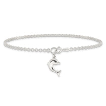 Sterling Silver 9inch Hollow Polished 3-D Dolphin Anklet