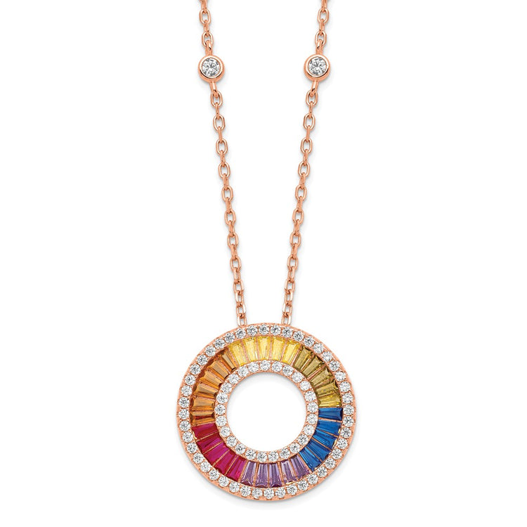 Prizma Sterling Silver Rose-tone 14K Flash Rose Gold-plated 16 inch Colorful Baguettes CZ Circle Necklace with 2 inch Ex