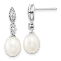 Sterling Silver Rhodium-plated 8-9mm White Teardrop Freshwater Cultured Pearl and CZ 17 inch Necklace and Post Dangle Ea