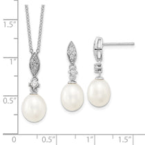 Sterling Silver Rhodium-plated 8-9mm White Teardrop Freshwater Cultured Pearl and CZ 17 inch Necklace and Post Dangle Ea