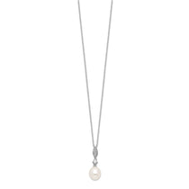 Sterling Silver Rhodium-plated 8-9mm White Teardrop Freshwater Cultured Pearl and CZ 17 inch Necklace and Post Dangle Ea