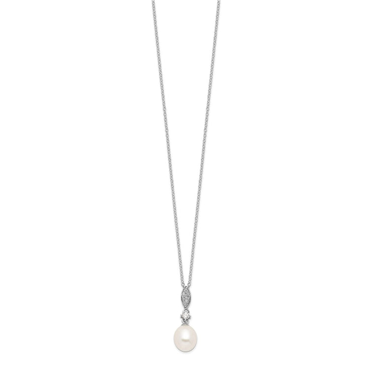 Sterling Silver Rhodium-plated 8-9mm White Teardrop Freshwater Cultured Pearl and CZ 17 inch Necklace and Post Dangle Ea