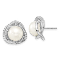 Sterling Silver Rhodium-plated 10-12mm White Button Freshwater Cultured Pearl and CZ 17 inch Necklace and Post Earrings 