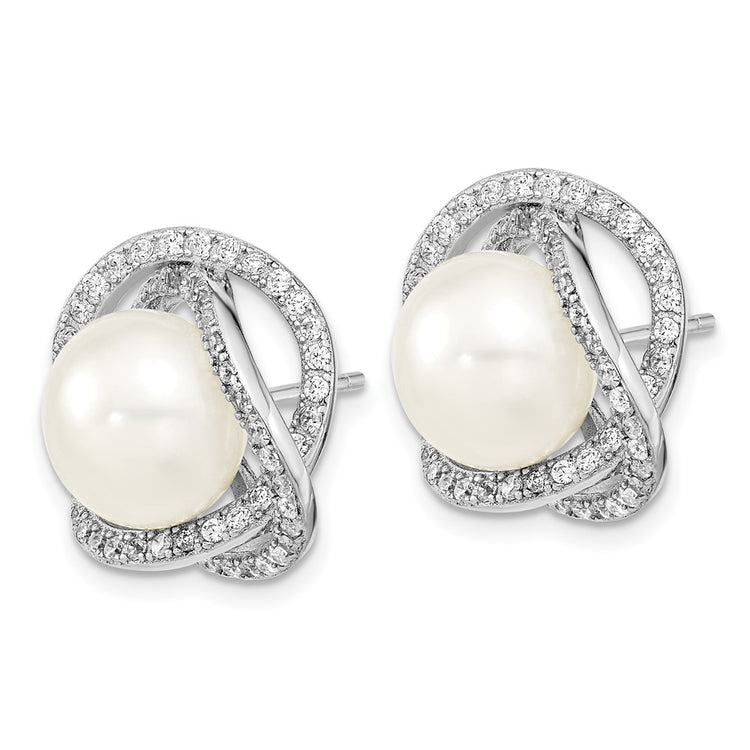 Sterling Silver Rhodium-plated 10-12mm White Button Freshwater Cultured Pearl and CZ 17 inch Necklace and Post Earrings 