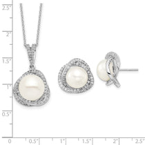 Sterling Silver Rhodium-plated 10-12mm White Button Freshwater Cultured Pearl and CZ 17 inch Necklace and Post Earrings 