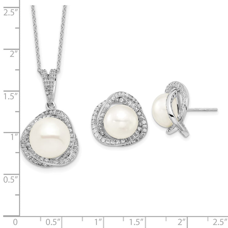 Sterling Silver Rhodium-plated 10-12mm White Button Freshwater Cultured Pearl and CZ 17 inch Necklace and Post Earrings 