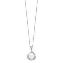 Sterling Silver Rhodium-plated 10-12mm White Button Freshwater Cultured Pearl and CZ 17 inch Necklace and Post Earrings 