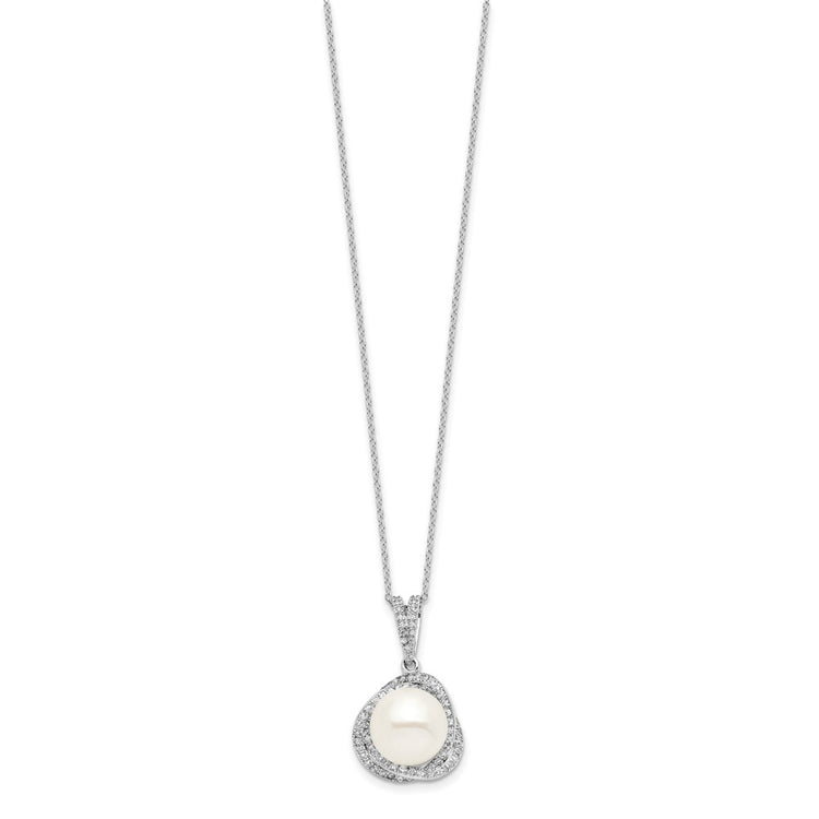 Sterling Silver Rhodium-plated 10-12mm White Button Freshwater Cultured Pearl and CZ 17 inch Necklace and Post Earrings 
