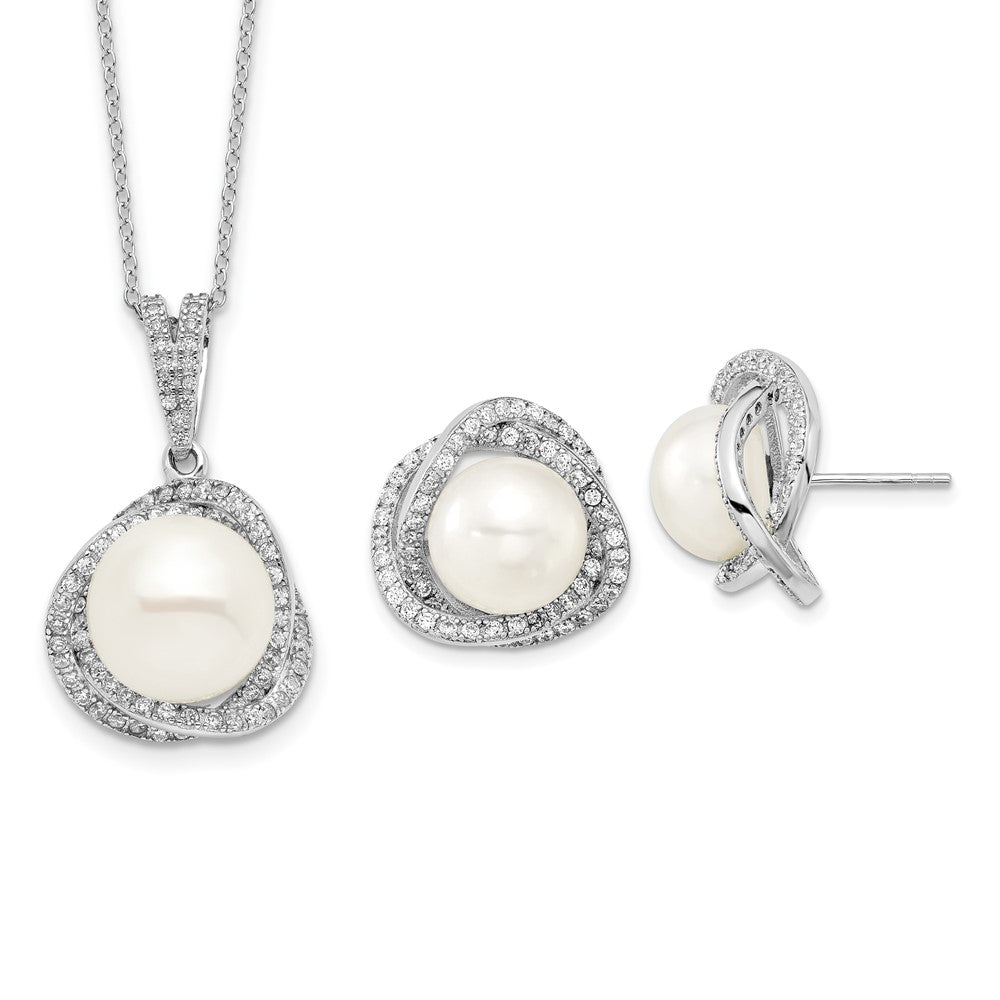Sterling Silver Rhodium-plated 10-12mm White Button Freshwater Cultured Pearl and CZ 17 inch Necklace and Post Earrings 