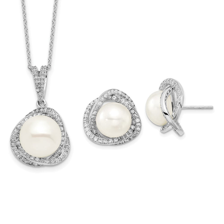 Sterling Silver Rhodium-plated 10-12mm White Button Freshwater Cultured Pearl and CZ 17 inch Necklace and Post Earrings 