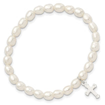 Sterling Silver Polished FWC Pearl & Cross Children's Stretch Bracelet