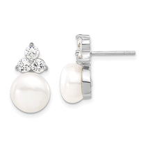 Sterling Silver Rhodium-plated 9-10mm White Button Freshwater Cultured Pearl and CZ 17 inch and Post Earrings Set