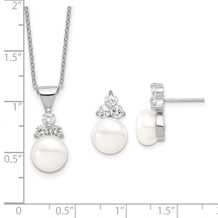 Sterling Silver Rhodium-plated 9-10mm White Button Freshwater Cultured Pearl and CZ 17 inch and Post Earrings Set