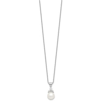 Sterling Silver Rhodium-plated 9-10mm White Button Freshwater Cultured Pearl and CZ 17 inch and Post Earrings Set