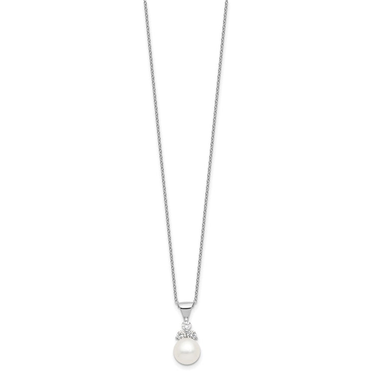 Sterling Silver Rhodium-plated 9-10mm White Button Freshwater Cultured Pearl and CZ 17 inch and Post Earrings Set