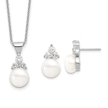 Sterling Silver Rhodium-plated 9-10mm White Button Freshwater Cultured Pearl and CZ 17 inch and Post Earrings Set